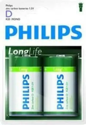 Obrázok produktu pre Philips LongLife R20L2B/10, Batéria na jedno použitie, Zinkovo-uhlíkový, 1,5 V, Zelená, Biela, 34,2 mm, 34,2 mm