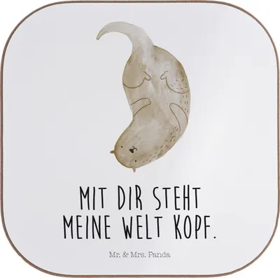Produktbild von Mr. & Mrs. Panda Untersetzer für Gläser Otter Kopfüber - Weiß - Geschenk, Tischuntersetzer, Verliebt, Getränkeuntersetzer, Holzuntersetzer, Tischschoner, Seeotter, Tassen