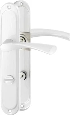 A white and silver door handle set with a keyhole.