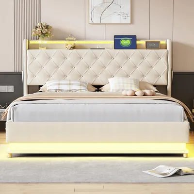 Image de OKWISH Lit Coffre 160x200 cm - Lit Capitonné avec LED et Port USB, Rangement Hydraulique - Tissu Lin Beige, Sans Matelas