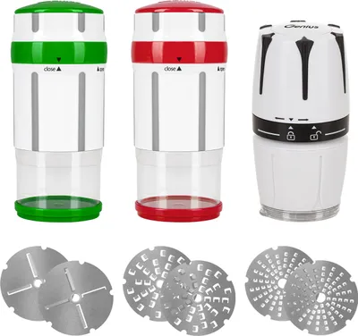 Produktbild von Genius Gewürzmühle Käsereibe Nicer Dicer Maestro mit 3 Größe Klingen 13-tlg. inkl. Knoblauchschneider G10