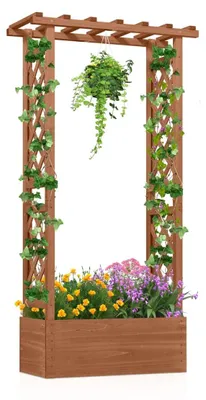 Produktbild von Pflanzkasten aus Holz mit Rankgitter und Dach, orange, 66 x 32 x 152 cm