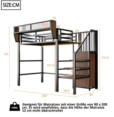 Immagine prodotto di Letto a soppalco in metallo - 90 x 200 cm - Scala di sicurezza - Spazio contenitivo - Colore: nero