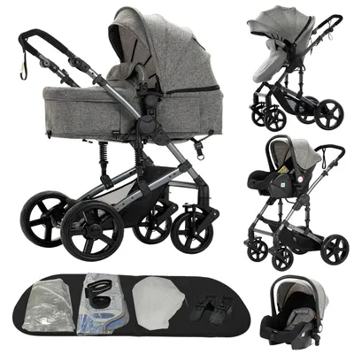 Obrázek produktu pro kočárek - B588, kombinovaný kočárek 3 v 1 s autosedačkou - Lehký - Skládací - Vhodný pro novorozence - Nosnost přes 20 kg - Šedá barva