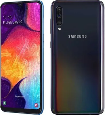 A split image showing the front and back of a Samsung Galaxy A50 smartphone.