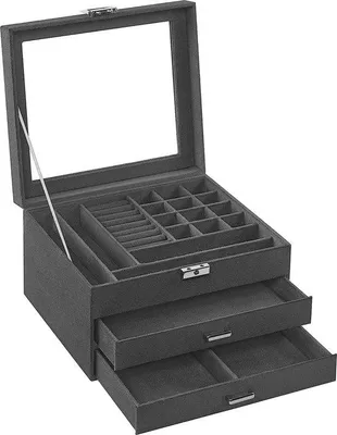 Imagen del producto de Caja de joyería Unyqoos® de 3 niveles con tapa de cristal, forrada en terciopelo (MDF), con 8 compartimentos para anillos, 12 compartimentos para pendientes, 4 compartimentos para collares, 2 cajones, cerradura y llave