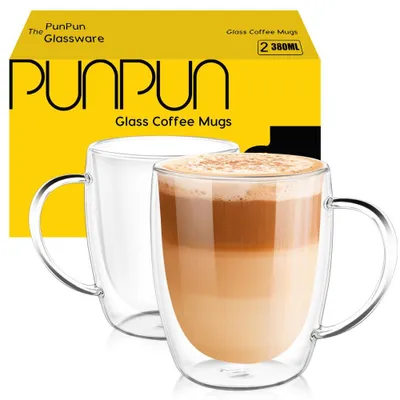 Glaskaffeetassen 2er-Set, doppelwandig, 380 ml, transparent