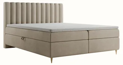 Image de Lit Boxspring LUX II 160x200 | Complet Topper 2 Matelas 2 Coffres rangement | Tissu Velours doux Beige