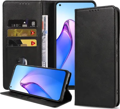 Produktbild von Smartphonica Handytasche passend für Oppo Reno 8 Kunstledertasche mit Magnetverschluss und Kartenhalter Buchhülle mit Klappe - Schwarz