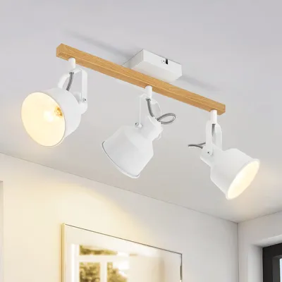 Zdjęcie produktu dla ZMH Reflektor Sufitowy 3 Płomienny Biały Lampa Sufitowa Vintage Obrotowa 350° MAX.25W Gniazdo E14 Industrialne Ziarno Drewna Belka Punktowa do Salonu Sypialni Biura (bez żarówki)