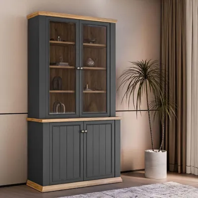 Immagine prodotto di Vetrina Essenza 4 Ante Grigio scuro e Rovere – Stile Classico Moderno