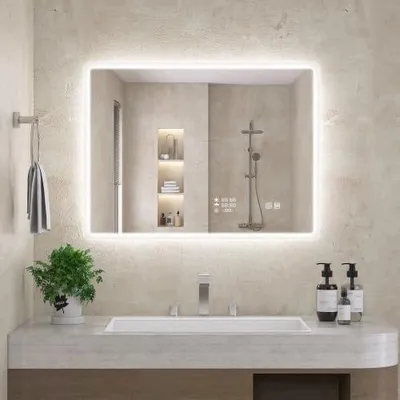 Zdjęcie produktu dla Lustro łazienkowe z oświetleniem LED 80X60 cm zegar pogoda
