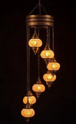 Immagine prodotto di Lampada a sospensione turca Mosaico Lampada orientale marocchina Lampadario artigianale Arancione 7 sfere