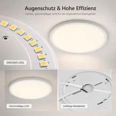 Produktbild von 24W 23CM Led Deckenleuchte Weiß Dimmbar 3 Farbtemperaturen Deckenleuchten Für Küche, Wohnzimmer, Balkon, Flur, Badezimmer, Schlafzimmer