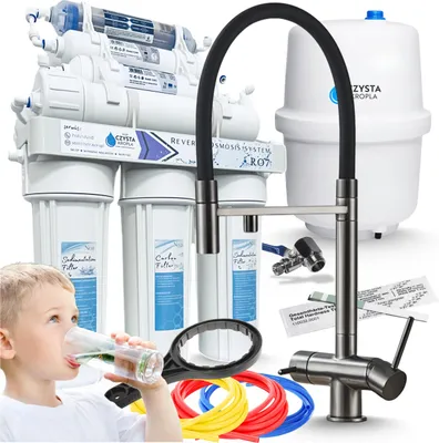 Zdjęcie produktu dla Bateria kuchenna trójdrożna Ari HighFlex z filtrem wody, wyciąganą wylewką i obrotową wylewką, grafit, mosiądz