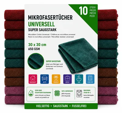 Produktbild von Microfasertücher Super Saugstark 10er Set 30 x 30 cm, 650 GSM, KI-generiertes Bild