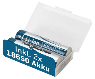 Two 18650 batteries in a clear plastic case with a blue label.