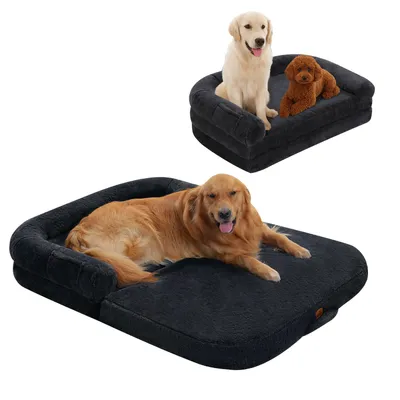 Two dog beds are shown, one with two dogs and another larger one with a single dog.