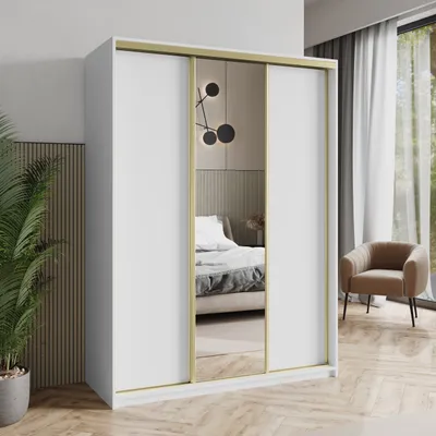 Produktbild von Masseno Schiebetürenschrank TAVI 150/205/60 cm Kleiderschrank mit Schubladen Schlafzimmer Schrank 3-türig mit Spiegel Weiß + Gold