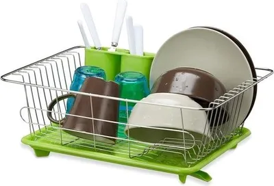 Zdjęcie produktu dla Ociekacz ze stali nierdzewnej zielony - z tacą ociekową i uchwytem na sztućce - 155 x 40 x 30 cm - Ociekacz z tacą ociekową, składany