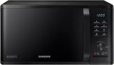 A black Samsung microwave oven is shown from the front.