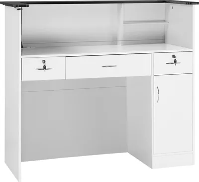 Zdjęcie produktu dla Lada recepcyjna SucceBuy o długości 127,5 cm, prostokątna lada z listwą LED, 3 szufladami i schowkiem, lada do kasy, holu, salonu, biura lub hotelu, lada sprzedażowa i lada biurowa