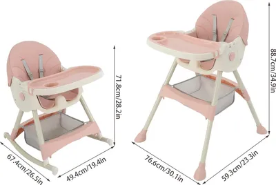 Produktbild von Baby Hochstuhl - Faltbarer Kinder Hochstuhl - Schaukelfunktion - Feststellbare Rollen - Verstellbare Rückenlehne & Essbrett - 6–36 Monate / 15 kg - Rosa
