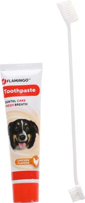 Produktbild von Flamingo Zahnpasta Dafra Hühnergeschmack + Zahnbürste 85 g