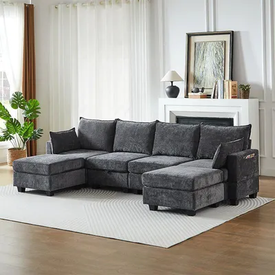 Produktbild von Modulares Chenille-Sofa, Ecksofas für das Wohnzimmer U-förmiges Ecksofa mit Stauraum-Ottomane, 6-Sitzer-Ecksofas mit Chaiselongue