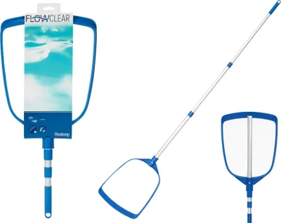 A pool skimmer with a telescopic pole, shown from multiple angles against a white background.