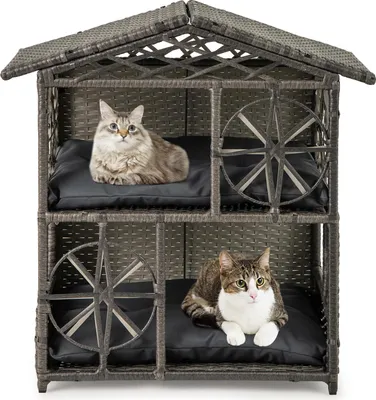 Produktbild von GOPLUS Katzenhaus Rattan Outdoor, 2-stöckige Katzenhütte für Kätzchen mit Fenstern, abnehmbaren Kissen, erhöhtes Haustierhaus für Hunde, Kaninchen