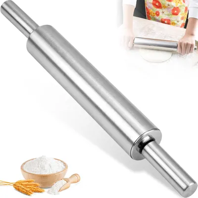 Produktbild von Edelstahl Nudelholz - Antihaftbeschichteter Teigroller mit ergonomischen Griffen - Backzubehör für Pizza, Brot und Nudelteig - 43 cm