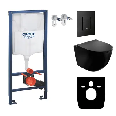 Produktbild von GROHE | Vorwandelement Solido + Wand Hänge WC Sinto Schwarz Spülrandlos + WC-Sitz SoftClose | Schwarzer Knopf | Komplettset | Toilette Komplett Sett