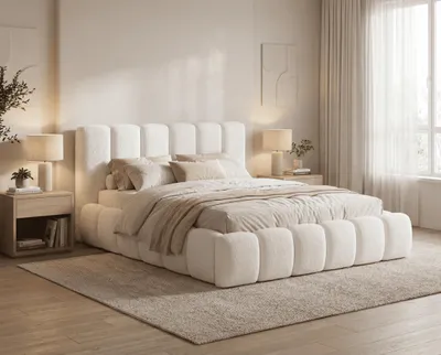 Obrázok produktu pre Postel s čalúneným rámom 160x200 Aurelis, posteľ s penovou výplňou v oblakovom dizajne, látka bouclé – krémová farba, Obrázok generovaný UI