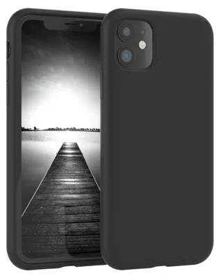 A black iPhone 11 with a case is shown from the back.
