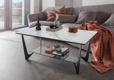 Produktbild von Couchtisch >2177-19< in weiß hochglanz, Gestell Eisen - 110x42x60cm (BxHxT)