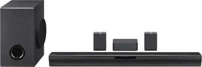 A soundbar system with a subwoofer and rear speakers, displayed against a white background.