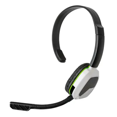 A white and black mono headset with a microphone.