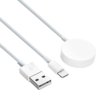 A white Apple Watch charging cable with a USB-A connector on one end and a magnetic charging puck on the other.
