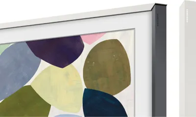 Close-up of a TV frame with abstract art displayed on the screen.