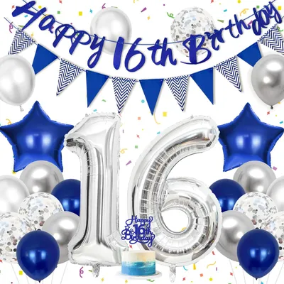 Produktbild von Luftballon-Set zur Dekoration - Zahl 16 - Blau Silber - 16.