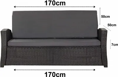 A front view of a dark grey outdoor sofa cushion set with dimensions indicated by text overlays.