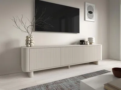 Produktbild von TV-Schrank Hängende RTV Kommode 200 cm Misterio mit Lamellen, abgerundeten Seiten, 3 Schränken und Füßen im Set- Cashmere