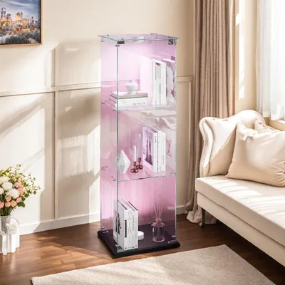 Produktbild von UnboxG Glasvitrine mit LED Beleuchtung, 3 Ebenen Vitrine mit Glastür, Schwarze Sammlervitrine Standvitrine für Wohnzimmer, Figurenvitrine Display Schrank 39,8 × 35 × 123,3 cm