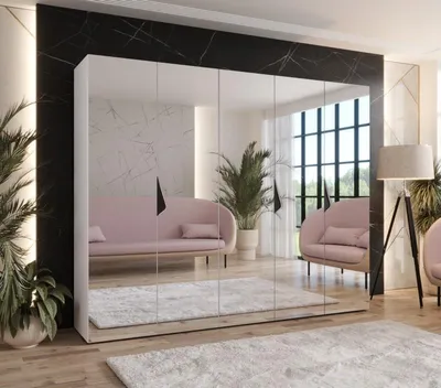 Obrázek produktu pro Široká šatní skříň 250 cm AMARIS 3 se zrcadlem - bílá / černé úchyty