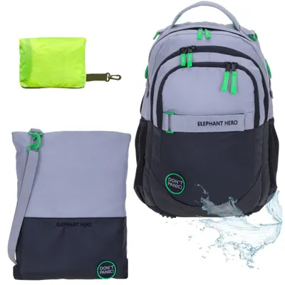 Produktbild von Schulrucksack Elephant Hero Signature Schultasche Ranzen Jungen Rucksack Turnbeutel Regenhülle 3 Teile Set Color Block Grau Grün 13047 +rtp
