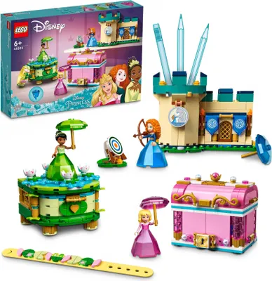 Produktbild von LEGO 43203 Disney Auroras, Meridas und Tianas Zauberwerke, Set mit 2 Schmuckkästchen, Stiftehalter und DOTS Armband, Diamantkleid-Kollektion