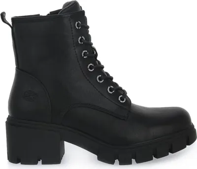 A black women's boot with a platform sole and lace-up closure, shown from the side against a white background.