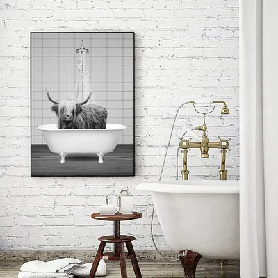 Productafbeelding van Canvasprint van een Schotse Hooglander in bad, 70x100 cm, zwart-wit, zonder lijst