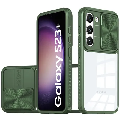 Immagine prodotto di Custodia Galaxy S23+, Custodia ibrida in TPU trasparente con copertura scorrevole della fotocamera Samsung Galaxy S23+ / S23 Plus verde
